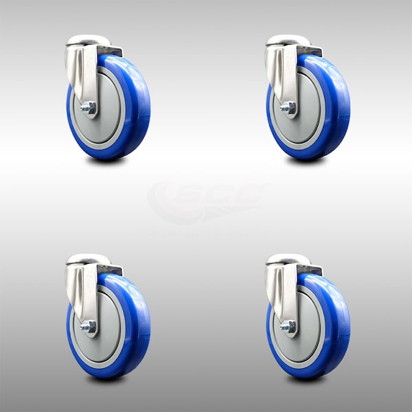 5 Inch 316SS Blue Polyurethane Wheel Swivel Bolt Hole Caster Set
